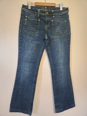 Vintage Y2K Dish Jeans Neon Green Stitch Patch Pocket Flare Denim W31